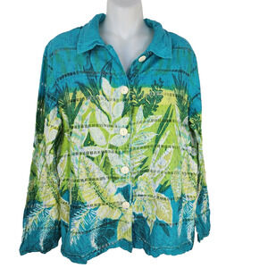 Mirasol Women Shirt Large Button Vibrant Floral Ladder Lace Cotton Flax Hawaiian